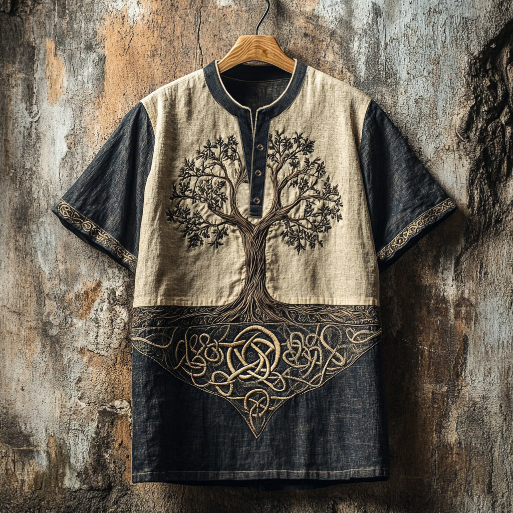 Men's Viking Tree Of Life Tribal Celtic Color Contrast Art Linen Shirt artswardrobe