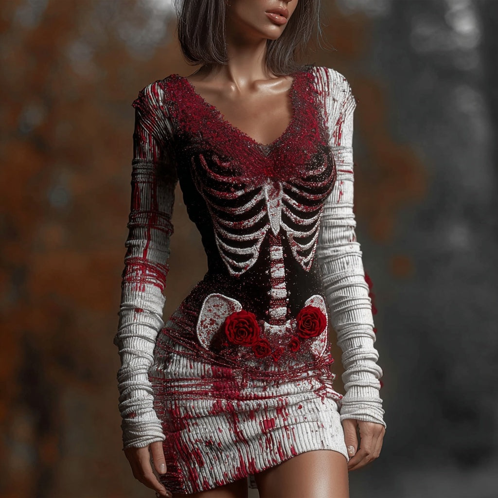 Comstylish Retro Skeleton Bloody Roses Embroidered V Neck Sweater Dress
