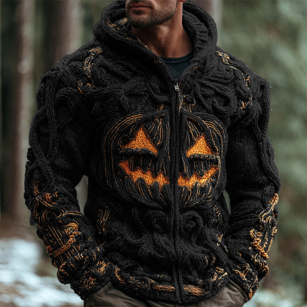 Halloween Pumpkin Emoji Men's Chunky Knit Full Zip Hooded Sweater artswardrobe