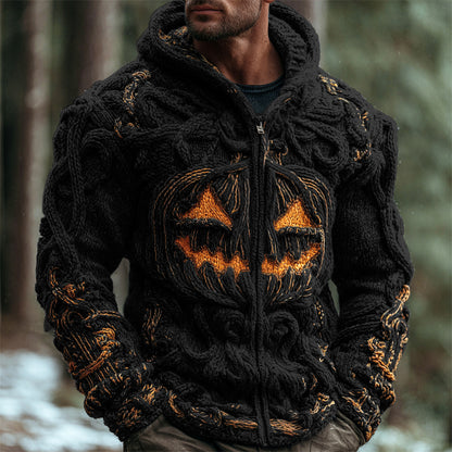 Halloween Pumpkin Emoji Men's Chunky Knit Full Zip Hooded Sweater artswardrobe