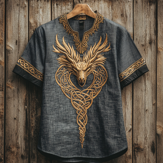 Men's  Viking Tribal Dragon With Celtic Knotwork Embroidery Art  Linen Round Neck T-shirt artswardrobe