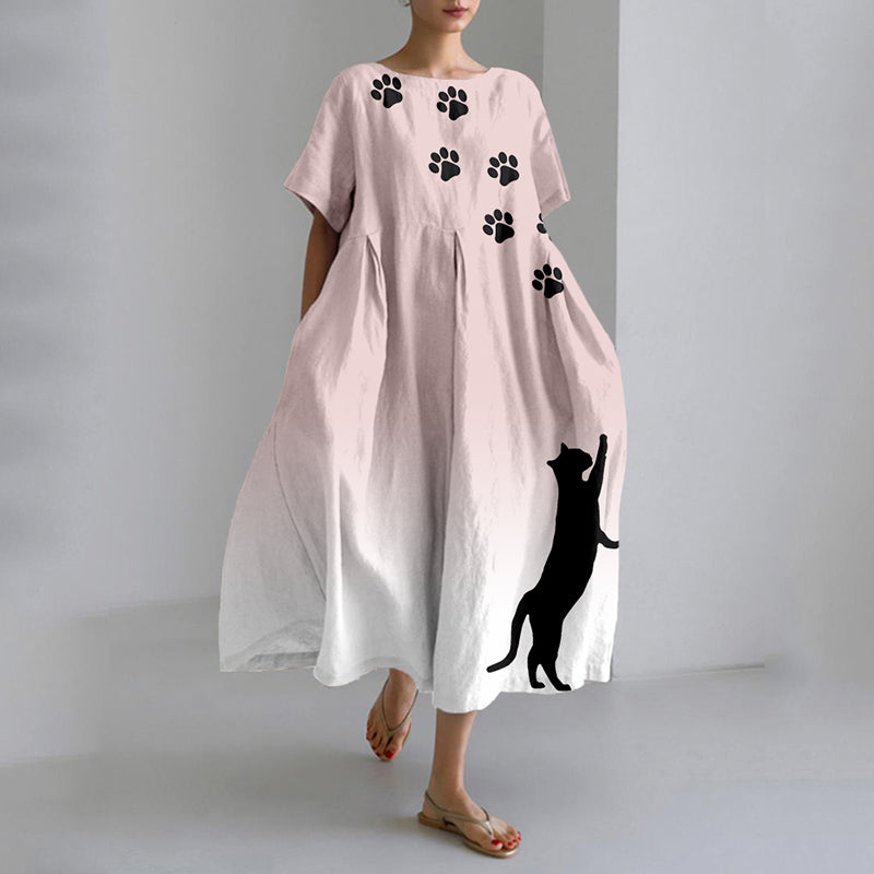 Cute Cat & Paw Prints Gradient Linen Blend Maxi Dress elevenforest