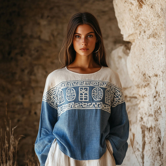 Vintage Greek Key Art Embroidered Linen Blend T-shirt artswardrobe