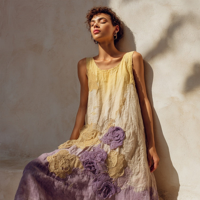 Vintage Purple Roses Embroidered Gradient Linen Midi Dress artswardrobe