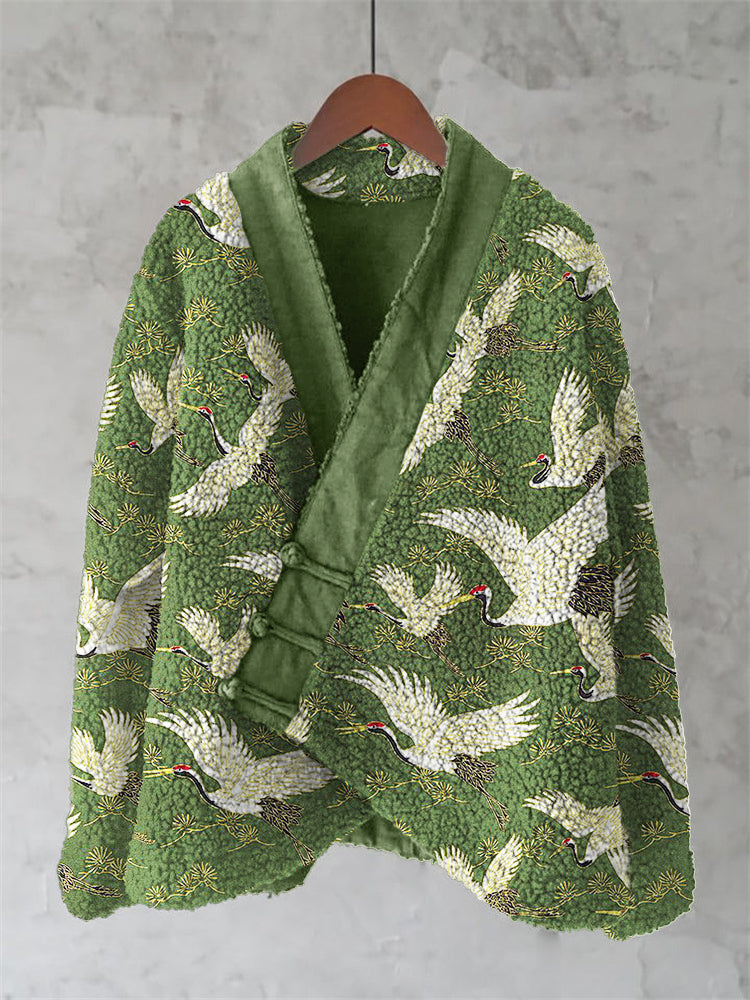 Comstylish Cranes & Pine Trees Japanese Pattern Cozy Fleece Kimono Cardigan
