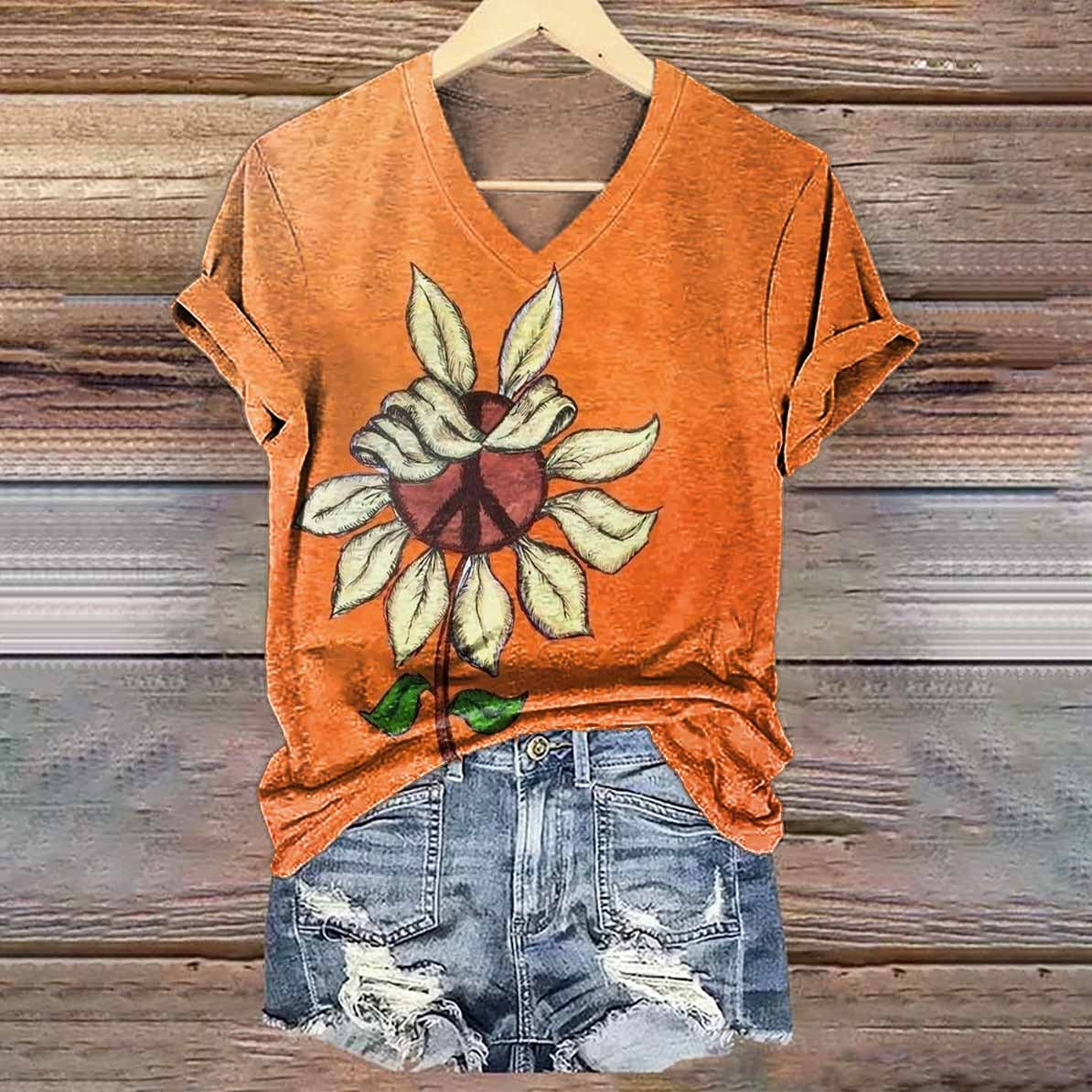 Women's Sunflower Hippie Peace Floral Print V-neck Casual T-Shirt