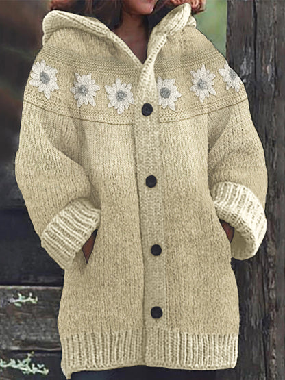 Vintage Flowers Crochet Yoke Cozy Knit Hooded Cardigan elevenforest