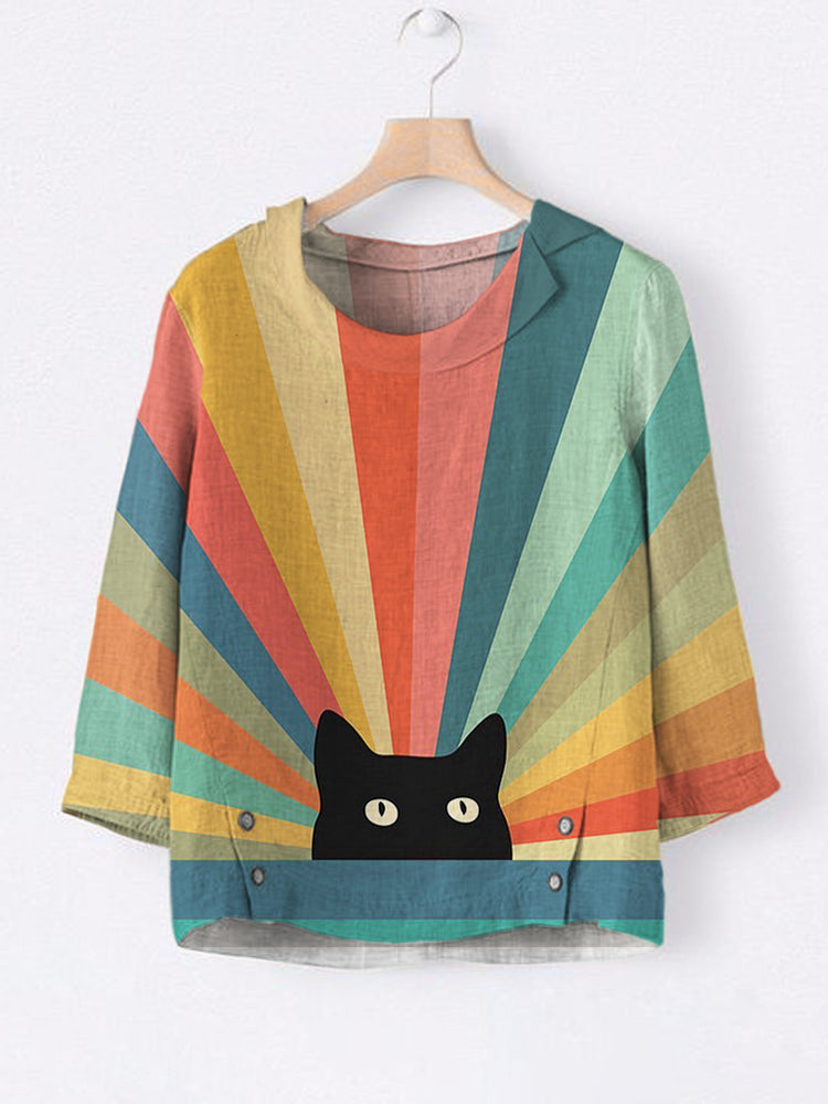 Rainbow Cat Print Linen Lapel Shirt elevenforest