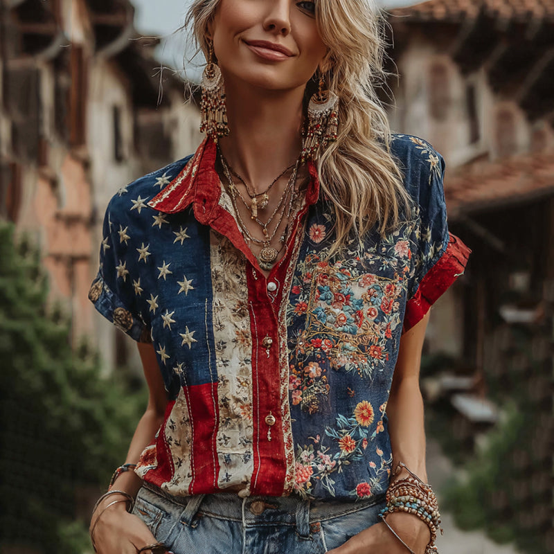 Women's Retro American Flag Style Embroidered Linen Blend Shirts artswardrobe