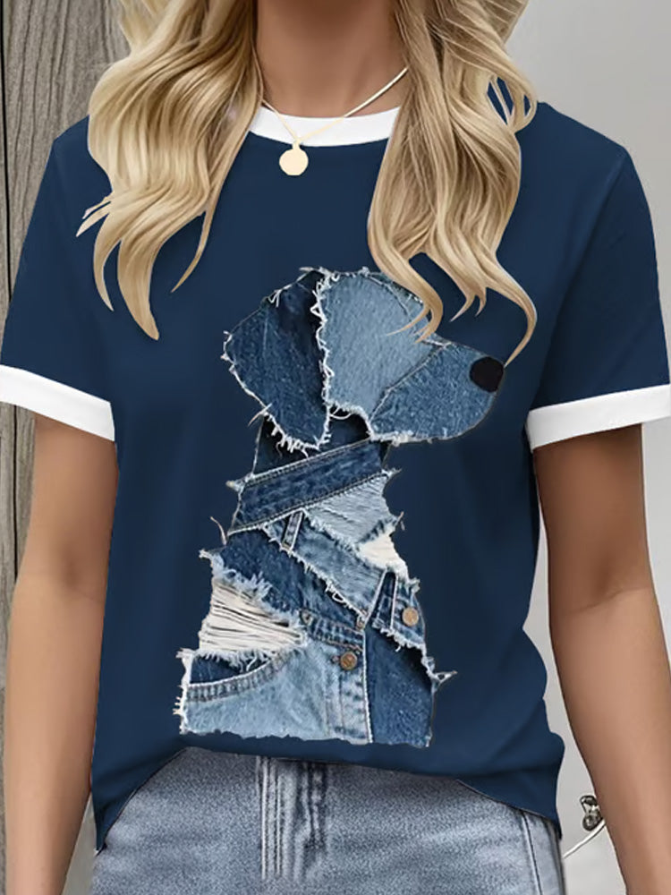 Women's Retro Funny Denim Patch Animal Dog Print Crew Neck T-shirt