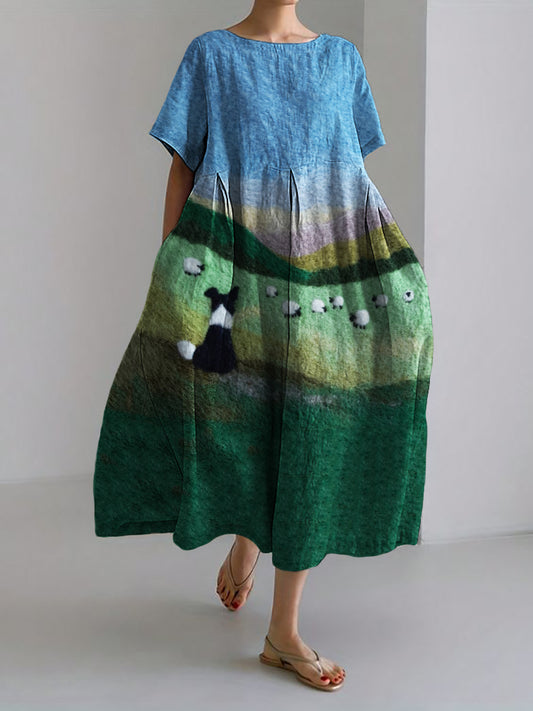 Comstylish Border Collie & Sheep Landscape Felt Art Maxi Dress