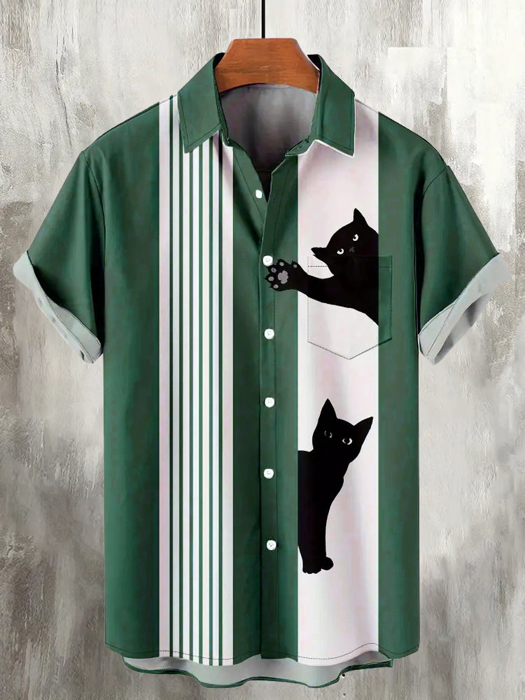 Greeting Cat Print Men's Linen Shirt elevenforest