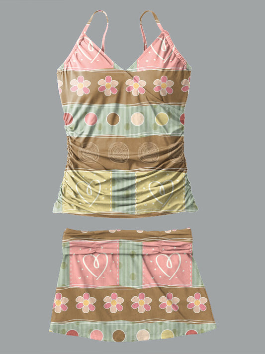 V-Neck Vintage Floral Art Print Suspender Skirt Tankini Pantskirt Set Swimsuit