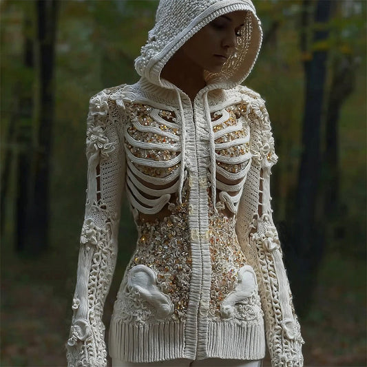 Halloween Skull Sequin Art Knit Zipper Hooded Sweater artswardrobe