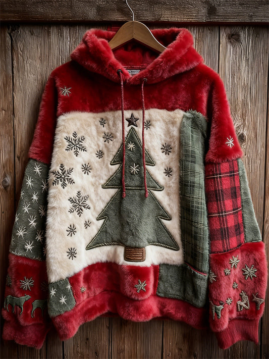Comstylish Vintage Christmas Tree Snowflakes Plaid Patchwork Cozy Plush Hoodie