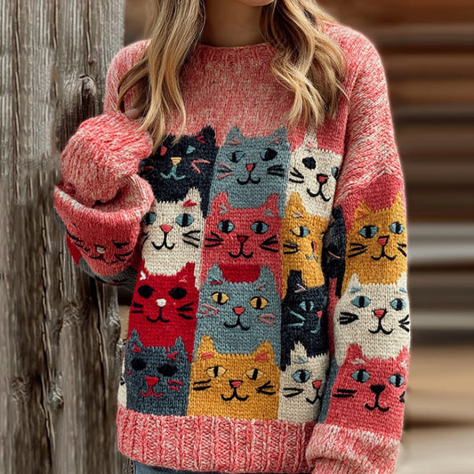 Women's Colorful Cats Pattern Art Cozy  Knit Sweater artswardrobe