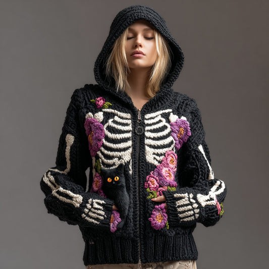 Women's Vintage Skull And Black Cat Art Knit Hoodie artswardrobe
