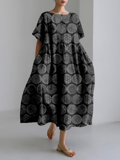 Comstylish Sashiko Moon Phases Japanese Art Linen Blend Maxi Dress