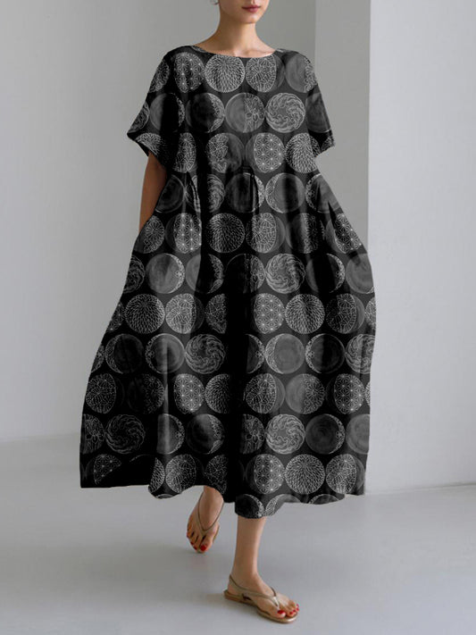 Comstylish Sashiko Moon Phases Japanese Art Linen Blend Maxi Dress