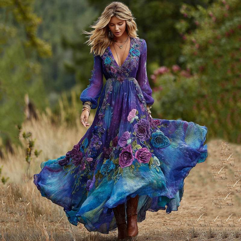 Vintage Classy Gradient Blue And Purple Lavender And Floral Embroidered Linen Maxi Dress artswardrobe
