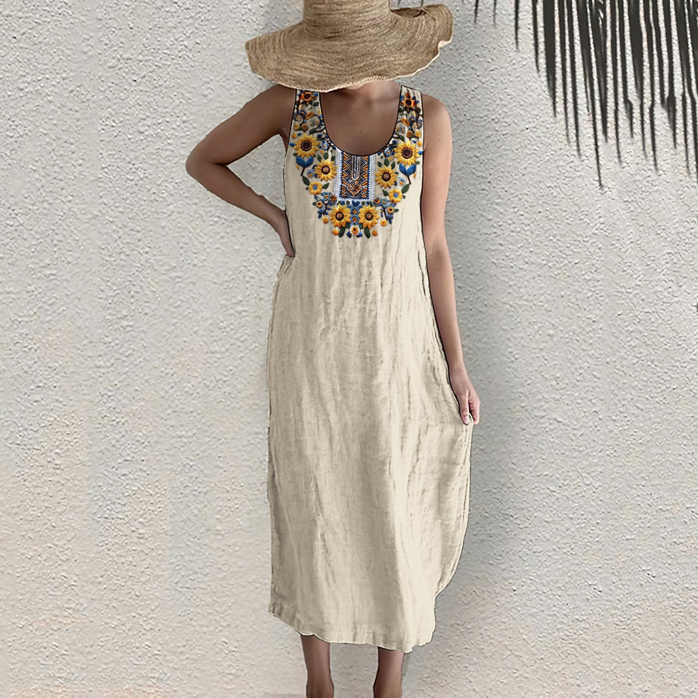 Ukrainian Sunflower Art Pattern Linen Tank Dress artswardrobe