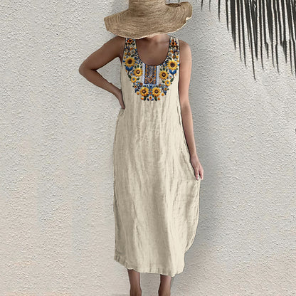 Ukrainian Sunflower Art Pattern Linen Tank Dress artswardrobe