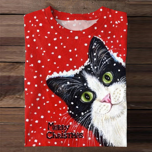 Christmas Cat Print Round Neck Long Sleeve T-shirt