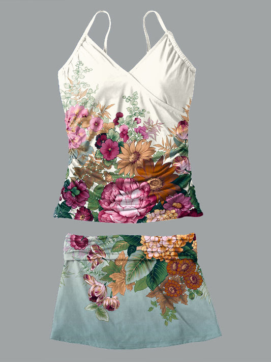 V-Neck Vintage Flowers Print Suspender Skirt Tankini Pantskirt Set Swimsuit