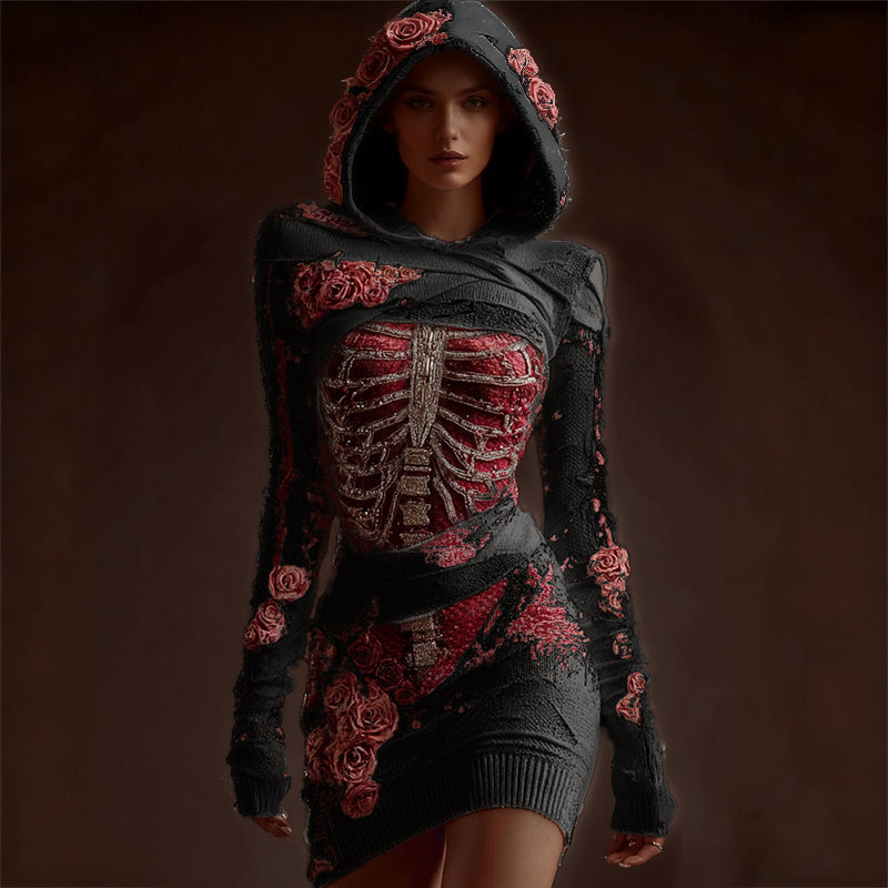 Comstylish Classy Skeleton Anatomy Bloody Roses Bandages Hooded Sweater Dress