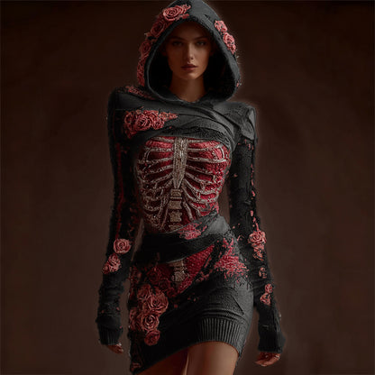 Comstylish Classy Skeleton Anatomy Bloody Roses Bandages Hooded Sweater Dress