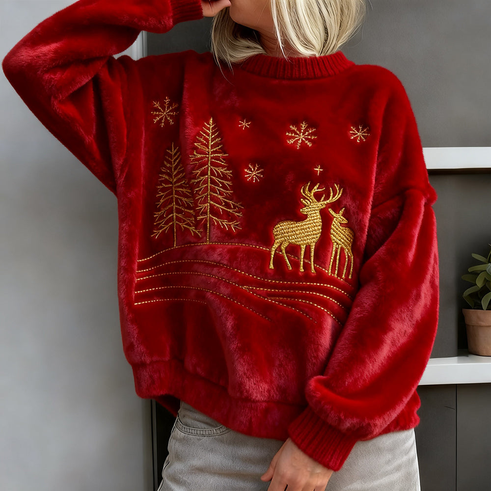 Vintage Christmas Inspired Embroidered Cozy Plush Sweatshirt