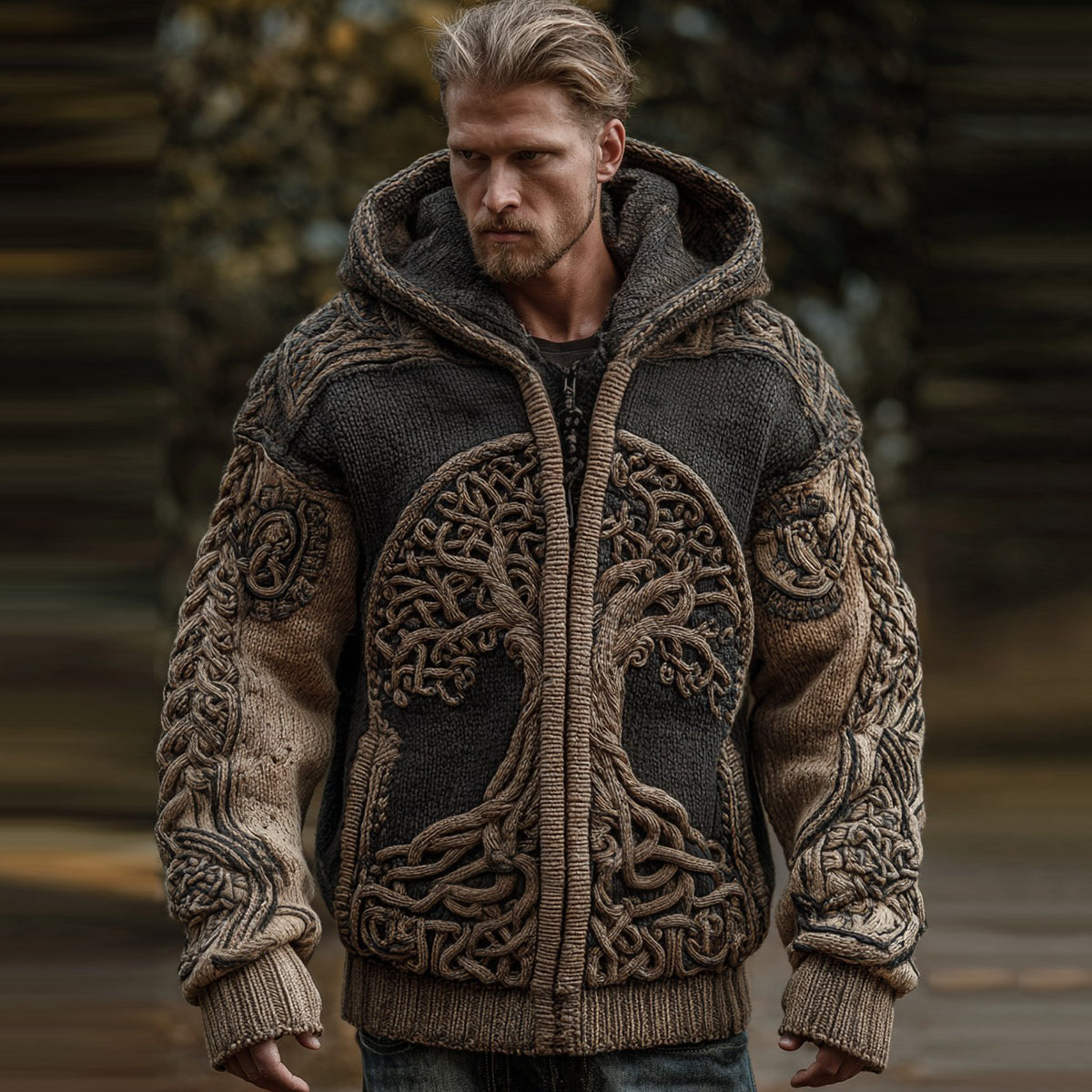 Men's Viking Tree Of Life Celtic Art Knit Hooded Zip-up Sweater artswardrobe