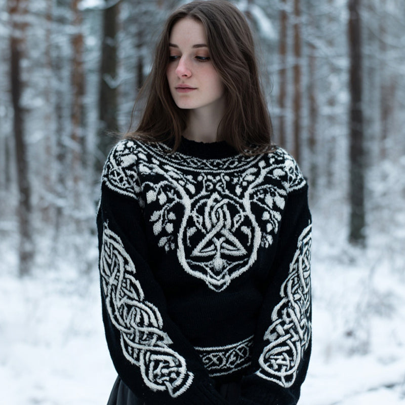 Comstylish Women's Retro Celtic Knot Floral Line Comfortable Crew Neck Sweater