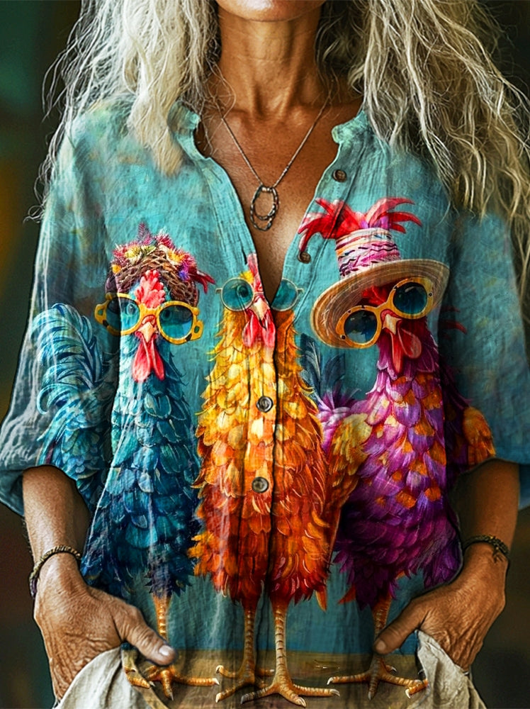 Women's Funny Rooster Art Print Casual Cotton Linen Shirt