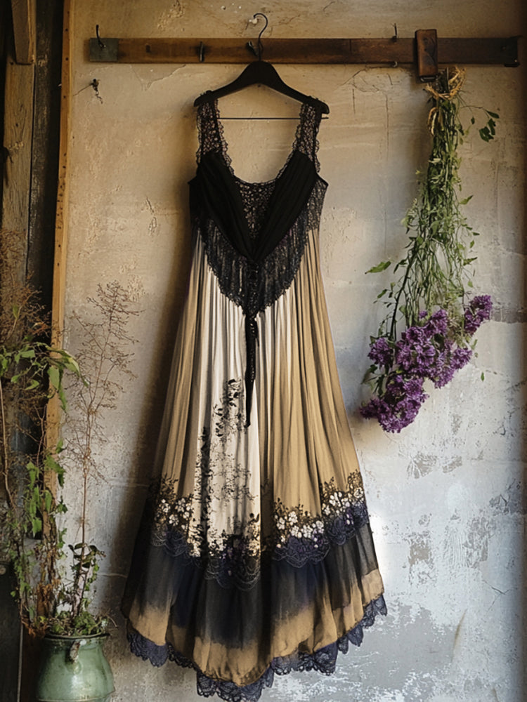 Boho Floral Embroidered Pattern Lace Patchwork Art Linen Dress artswardrobe