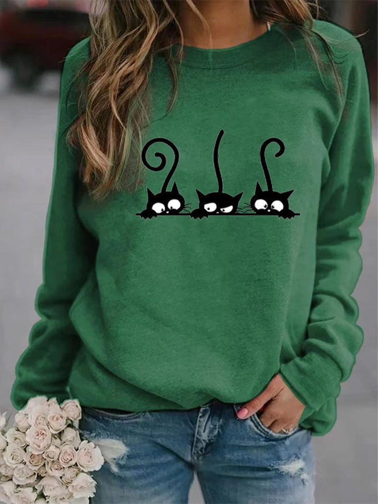 Comstylish Women's Casual Black Cat Print Sweatshirt