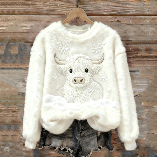 Highland Cow & Snow Embroidered Cozy Plush Sweatshirt artswardrobe