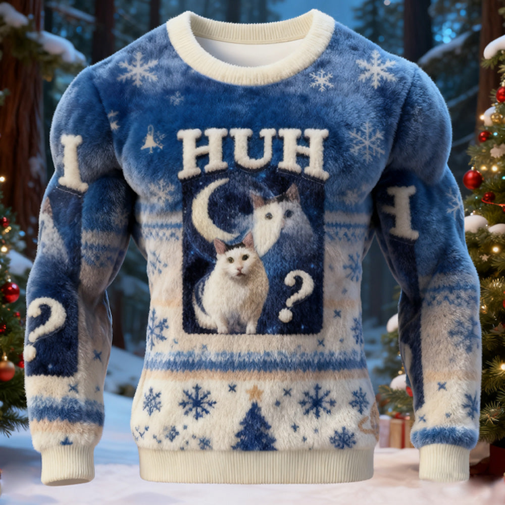 Comstylish Huh Cat Funny Dank Meme Moon Christmas Ugly Sweatshirt