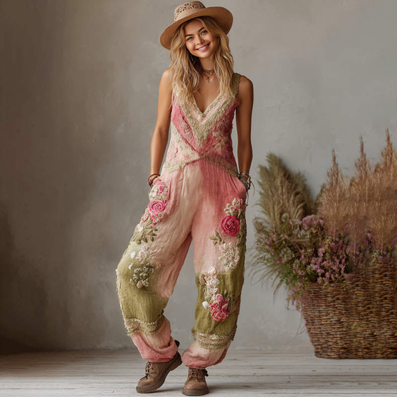 Love & Health Collection Retro Western Women Style Vintage Rose And Floral Patchwork Art Cotton Linen Jumpsuit artswardrobe