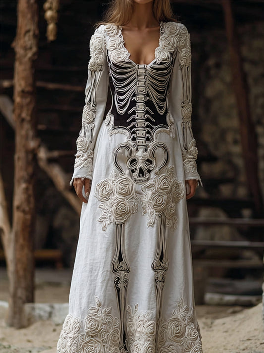 Comstylish Vintage Skeleton White Floral Flowy Linen Maxi Dress
