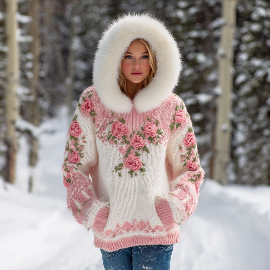 Comstylish Women's Bohemian Style Pink Rose Sequins Art Warm Hooded Knitted Sweater