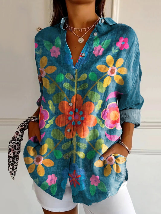 Women's Bohemian Floral Art Print Casual Cotton Long Seeve Shirt