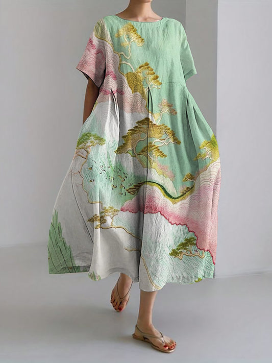Comstylish Spring Landscape Japanese Art Linen Maxi Dress