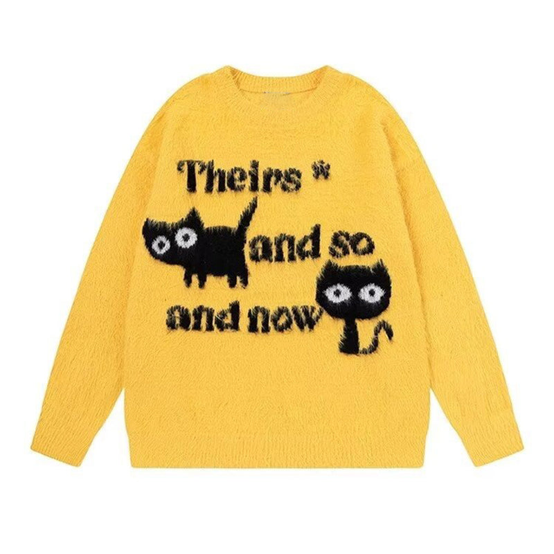 Abstract Cute Black Cat Graphic Jacquard Art Fuzzy Knit Unisex Sweater elevenforest