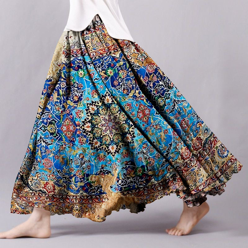 Vintage Bohemian Floral Geometric Patchwork Linen Skirt artswardrobe