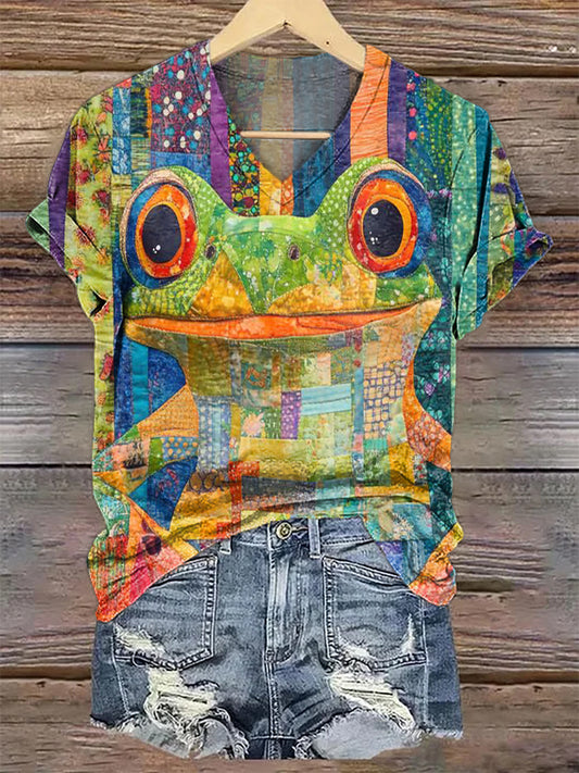 Women's Colorful Frog Collage Art Print V-neck Casual T-Shirt