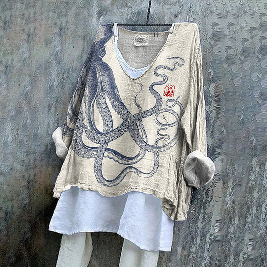 Comstylish Vintage Octopus Ink Style Art Cotton Linen V Neck Casual Shirt