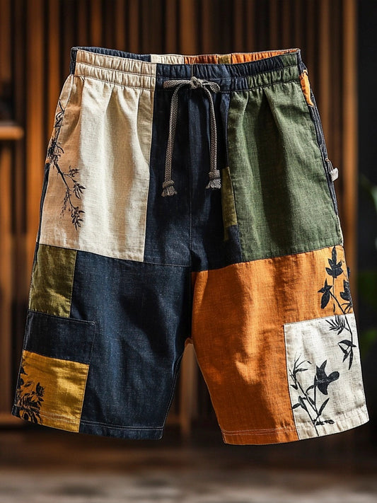 Boho Art Patchwork Fabric Men's Vintage Linen Short artswardrobe