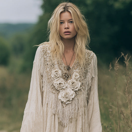 Comstylish Vintage Boho Roses Embroidered Tassel Linen Tunic