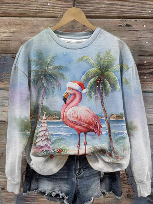 Comstylish Retro Christmas Palm Tree Flamingo Print Sweatshirt